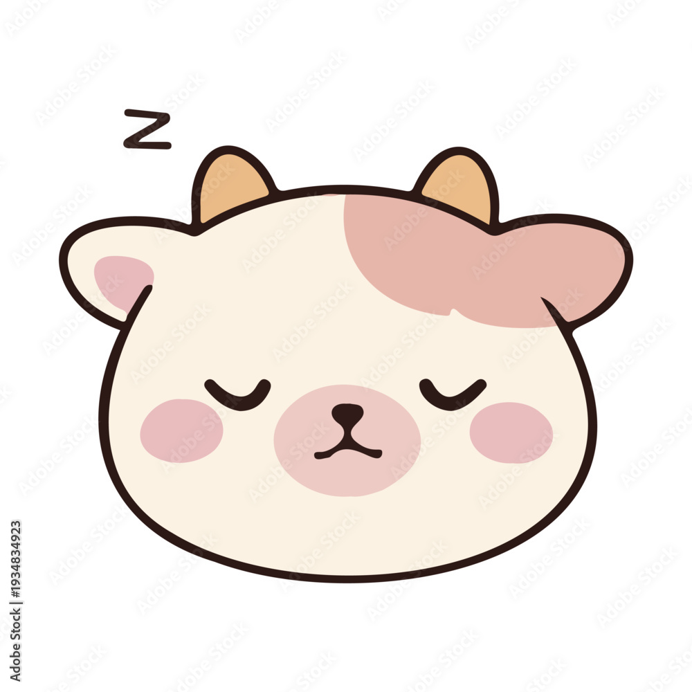 Fototapeta premium Adorable cartoon illustration of a sleeping baby cow's face with closed eyes and cute pink accents, perfect for children's designs and animal themes