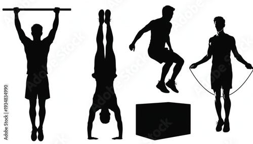 Black Silhouette Set of Men Performing Functional Fitness Exercises
