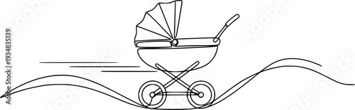 Continuous line art of a stylish baby pram moving across a wavy path