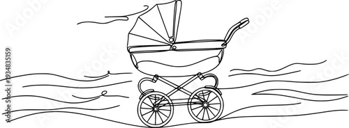 Continuous line art of a stylish baby pram moving across a wavy path