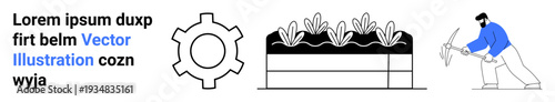 Gear icon, vegetable beds with plants, and person in blue cultivating soil. Ideal for agriculture, mechanics, sustainability, teamwork, gardening, labor concepts simple landing page