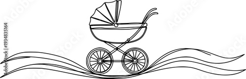 Continuous line art of a stylish baby pram moving across a wavy path