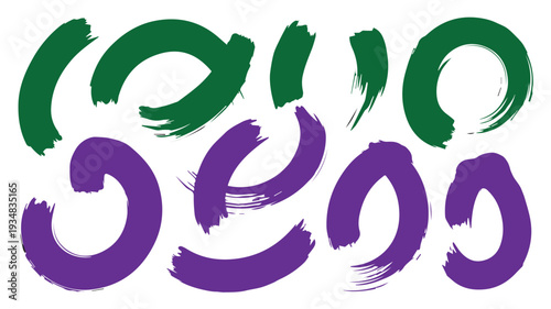 Vibrant strokes collection, a set of dynamic green and purple paint brush elements for creative graphic design projects