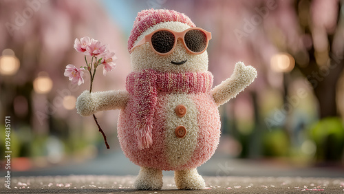サングラスをかけ桜の枝を持つピンクの雪だるまキャラクター