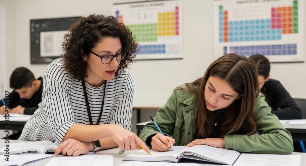 Obraz premium Female instructor assists a young student with written assignment during classroom session