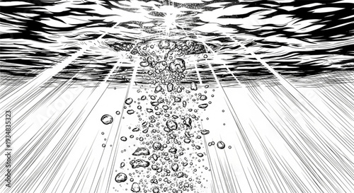 Black and white sketch illustrating bright sunlight streaming into the water with many rising gas bubbles