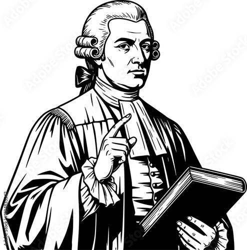 A solemn man wearing a powdered wig and judicial robe holds a book while making a point with his raised hand
