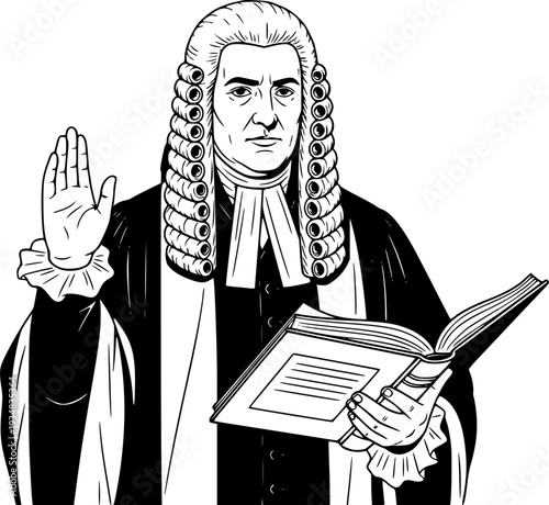 A solemn man wearing a powdered wig and judicial robe holds a book while making a point with his raised hand