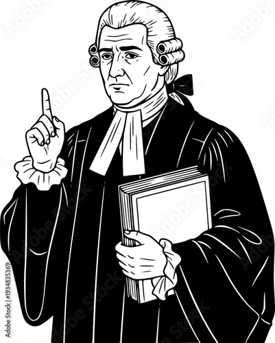 A solemn man wearing a powdered wig and judicial robe holds a book while making a point with his raised hand