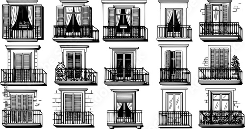 A collection of various apartment balconies featuring diverse architectural elements like windows with shutters and curtains
