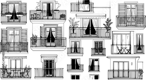A collection of various apartment balconies featuring diverse architectural elements like windows with shutters and curtains
