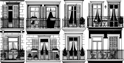 A collection of various apartment balconies featuring diverse architectural elements like windows with shutters and curtains