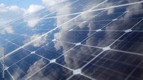  Solar Panel Surface Reflecting Blue Sky Clouds for Clean Renewable Photovoltaic Energy