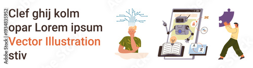 Artificial intelligence, language learning, problem-solving, brain functions, digital tools, education. Human brain connected to AI, tablet and puzzle pieces. AI and language learning concepts