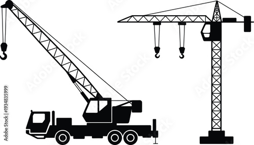 Construction Crane Silhouette Vector, Mobile and Tower Crane for Building Industry Projects