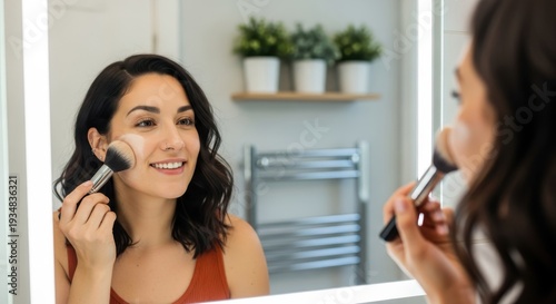 Young woman applies face powder using a cosmetic brush while looking into a brightly lit bathroom mirror