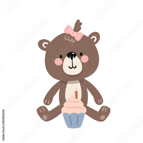 A cute teddy bear girl with a pink bow eats a cupcake with a candle. Flat vector illustration for a birthday, holiday, card, or baby shower invitation.