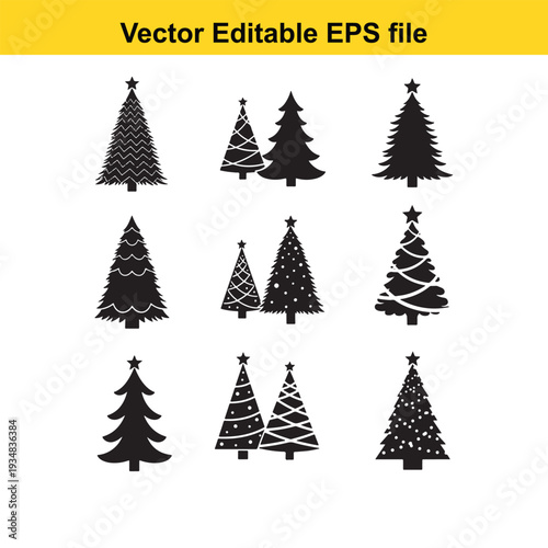 Black Christmas Tree Silhouettes with Stars and Ornaments - Vector