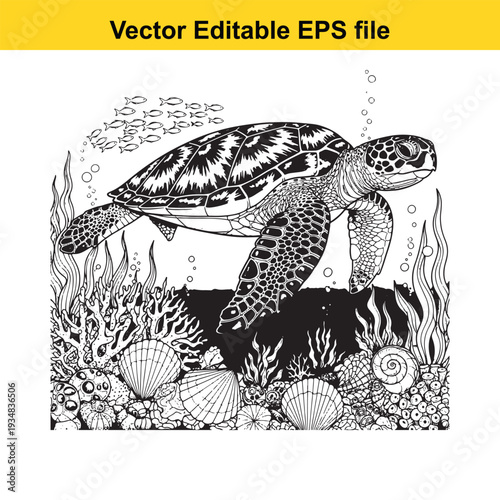 Sea Turtle Underwater Scene with Coral and Shells Vector