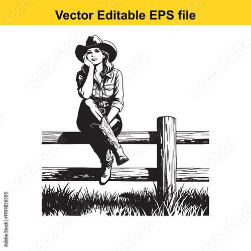 Cowgirl Sitting on Fence Vector Illustration Design