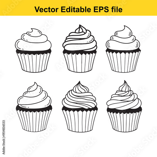 Cupcake Vector Illustrations with Whipped Cream Topping Designs