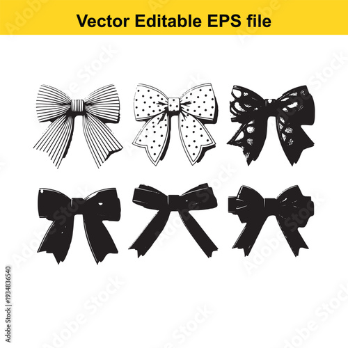 Black Bow Vector Illustration Set with Various Designs