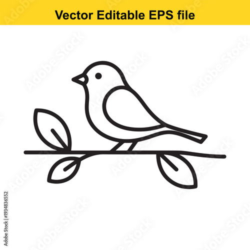 Bird on Branch Simple Line Art Vector Illustration