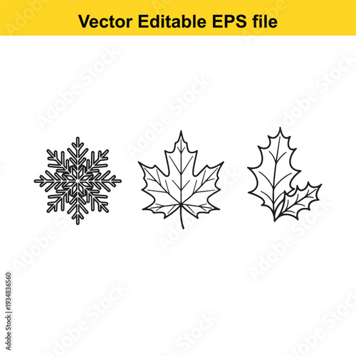 Black Winter Leaves and Snowflake Vector Illustration Set