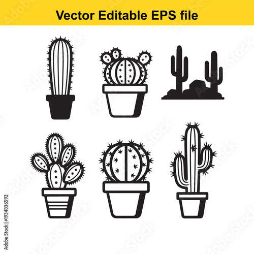 Cactus Vector Illustrations Set in Pots - Black Silhouettes