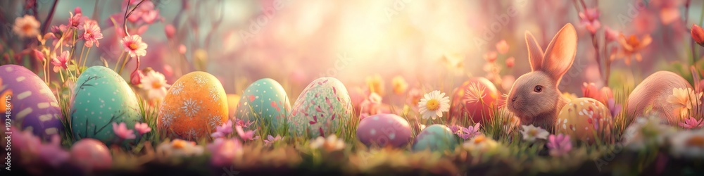 Fototapeta premium Little bunnies finding colorful Easter eggs in spring garden. Cute bunnies celebrating Easter surrounded by decorated eggs and blooming cherry blossoms