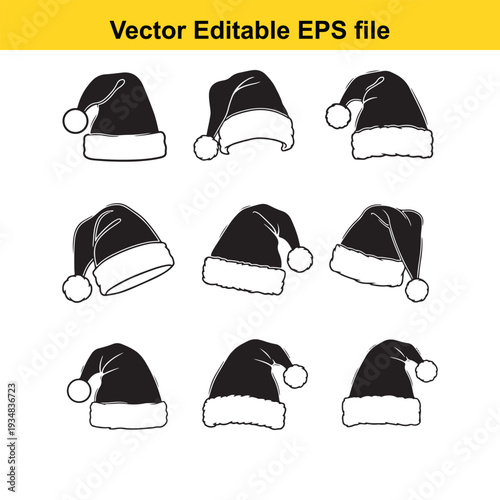 Santa Hat Collection Black and White Vector Illustrations