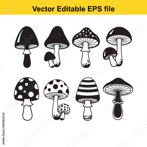 Black Mushroom Illustrations Set with Various Patterns - Vector