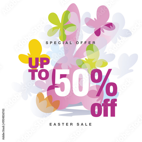 Special offer 50% off Easter sale bunny sticker collection. Pastel colorful spring elements with discount shapes and percentage text isolated on white background