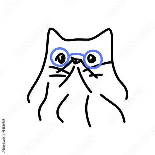 Cartoon cat wearing blue glasses with a playful expression and simple lines captures attention and imagination in a minimalist style