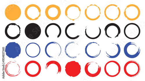Diverse collection of vibrant hand-painted brush stroke circles and abstract ring elements for creative graphic design projects