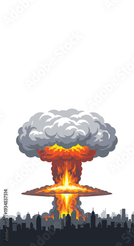 A colossal, multi-layered grey mushroom cloud with a fiery core dramatically rises above a dark silhouette of a city skyline on a white background.