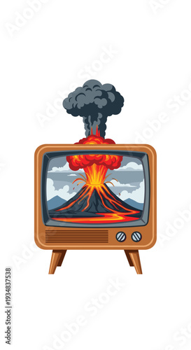 A vintage brown television set displays a pixelated volcanic eruption scene, with a plume of dark grey smoke actively rising from the top of its screen.