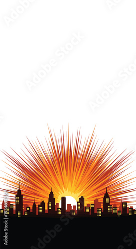 A dramatic city skyline silhouette is positioned at the bottom, with an intense orange and yellow sunburst radiating upwards from behind it on a white background.