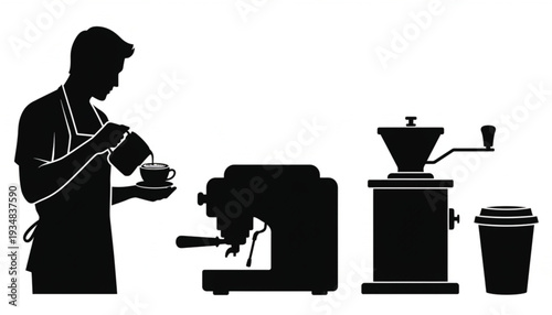 Barista Making Coffee with Espresso Machine Silhouette Illustration