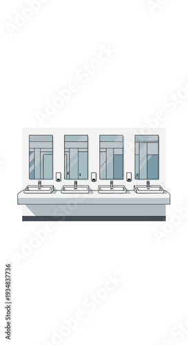Four white sinks with silver faucets are set into a long grey countertop, beneath individual grey mirrored cabinets and soap dispensers.