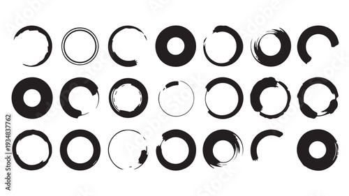 Versatile Set of Hand-Painted Black Round Frames and Textured Brush Strokes for Graphic Design Projects