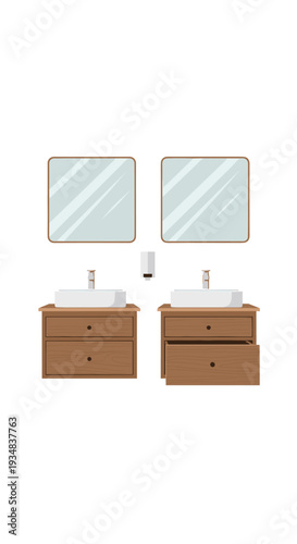 Two identical wooden bathroom vanities with white sinks and square mirrors are shown, one vanity featuring an open bottom drawer.