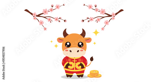 Adorable ox character wearing red festive traditional attire and holding gold coins for Chinese New Year celebration.