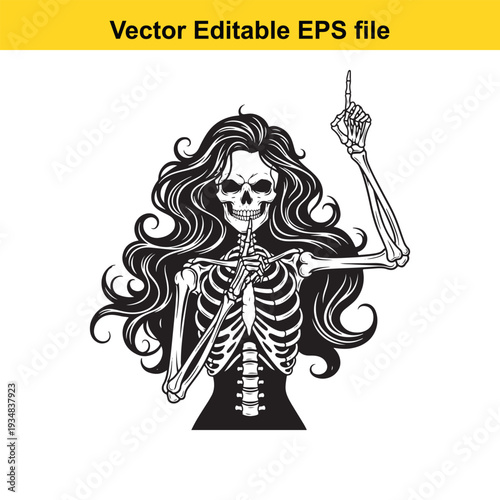 Skeleton Woman with Long Hair Vector Illustration Design