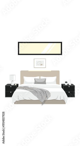 A neatly arranged minimalist bedroom showcases a bed with beige headboard, flanked by black nightstands and white lamps, beneath a large mirror.