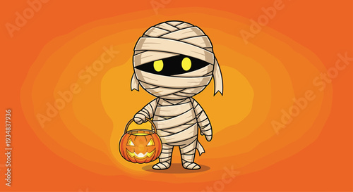 Small and cute mummy character wrapped in bandages holding a pumpkin lantern on an orange concentric circle background.