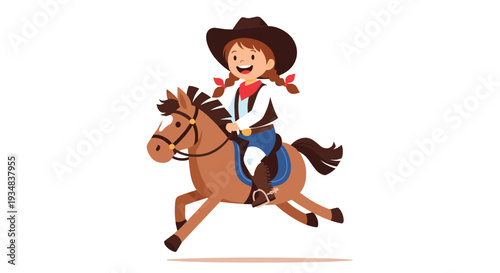 Brave little cowgirl with pigtails and a hat riding her brown horse and galloping fast across a white background.
