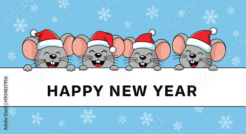 Row of four adorable little mice wearing red santa hats and peeking over a banner with happy new year greeting.