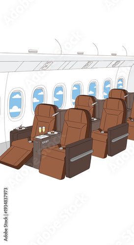 The interior of an airplane cabin displays multiple rows of luxurious brown first-class seats with reclining footrests and champagne glasses on tables, viewed through oval windows.