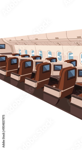 The interior of an airplane cabin is shown with multiple rows of brown and beige seats, each featuring an entertainment screen, and oval windows revealing a cloudy sky.